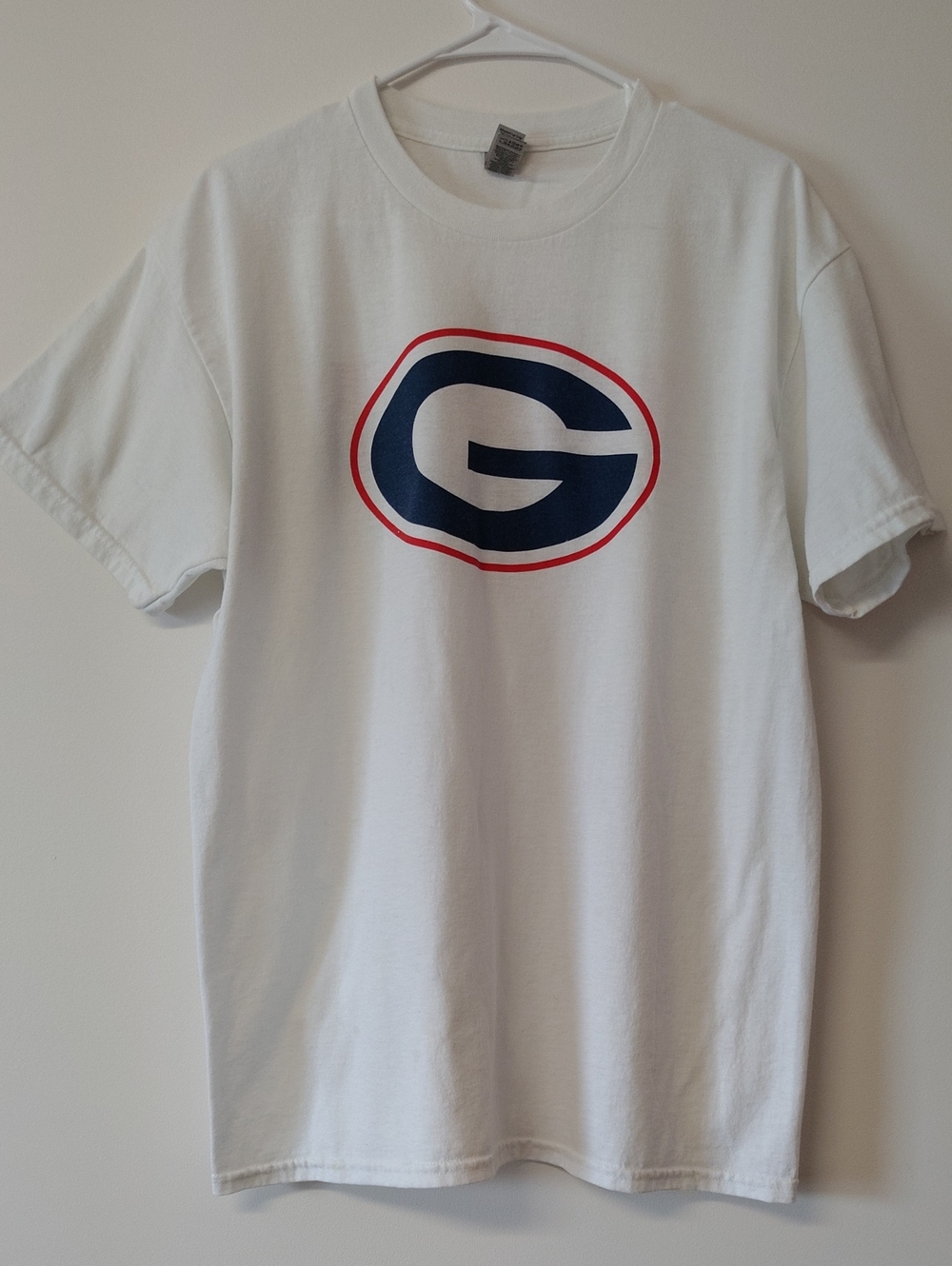 Gildan White Short Sleeve Tee with Navy and Red Emblem Patriots